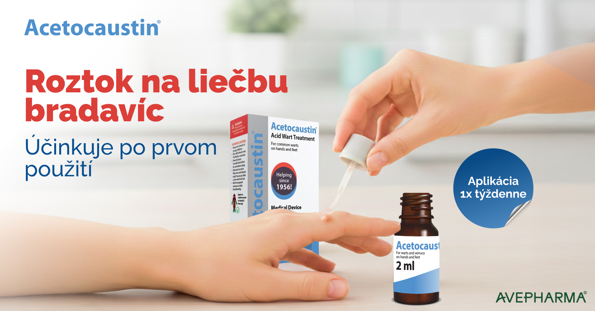 Acetocaustin – infografika použitia a účinku